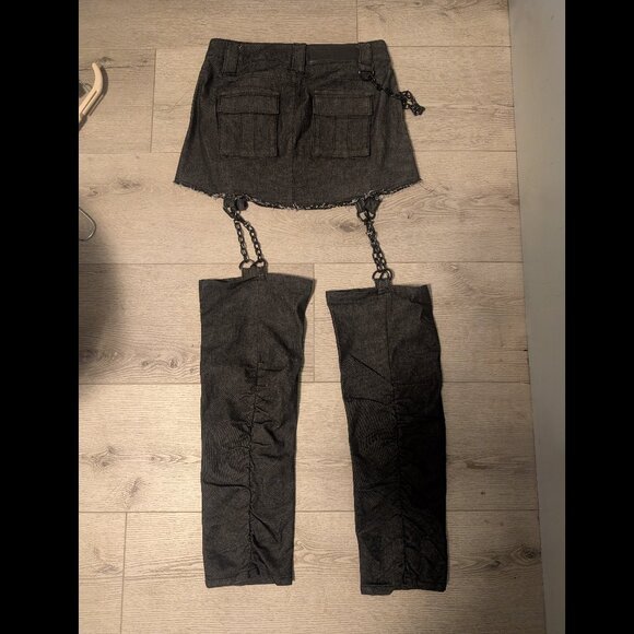 Dolls Kill Darker Wavs Denim Miniskirt with Chains and Denim Leg Warmers - Picture 2 of 11